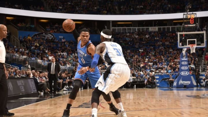 ORLANDO, FL - MARCH 29: Russell Westbrook #0 of the Oklahoma City Thunder handles the ball against the Orlando Magic on March 29, 2017 at Amway Center in Orlando, Florida. NOTE TO USER: User expressly acknowledges and agrees that, by downloading and or using this photograph, User is consenting to the terms and conditions of the Getty Images License Agreement. Mandatory Copyright Notice: Copyright 2017 NBAE (Photo by Gary Bassing/NBAE via Getty Images) ORLANDO, FL - MARCH 29: Russell Westbrook #0 of the Oklahoma City Thunder handles the ball against the Orlando Magic on March 29, 2017 at Amway Center in Orlando, Florida. NOTE TO USER: User expressly acknowledges and agrees that, by downloading and or using this photograph, User is consenting to the terms and conditions of the Getty Images License Agreement. Mandatory Copyright Notice: Copyright 2017 NBAE (Photo by Gary Bassing/NBAE via Getty Images)
