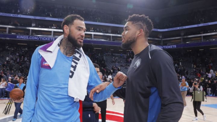 SACRAMENTO, CA - FEBRUARY 26: Willie Cauley-Stein #00 of the Sacramento Kings greets Karl-Anthony Towns #32 of the Minnesota Timberwolves after the game on February 26, 2018 at Golden 1 Center in Sacramento, California. NOTE TO USER: User expressly acknowledges and agrees that, by downloading and or using this photograph, User is consenting to the terms and conditions of the Getty Images Agreement. Mandatory Copyright Notice: Copyright 2018 NBAE (Photo by Rocky Widner/NBAE via Getty Images)