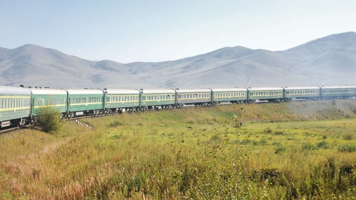 Trans-Siberian train bending between Ulaanbaatar and Beijing