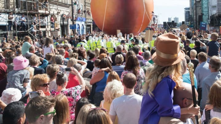 A giant peach is displayed in Cardiff, Wales in 2016 to celebrate the life of author Roald Dahl.