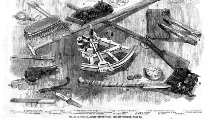 The Illustrated London News depicted some of the Franklin Expedition relics found on King William Island, including a copy of the novel The Vicar of Wakefield (No. 5) and Sir John Franklin's chronometer (No. 8).