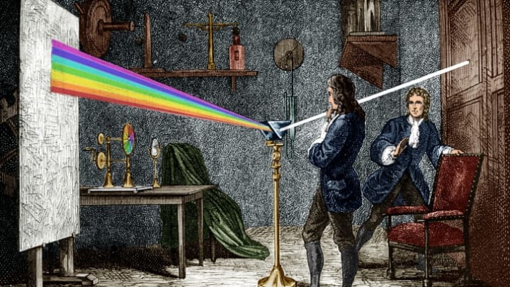 Isaac Newton dispersing light with a glass prism.