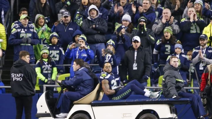 Dec 4, 2016; Seattle, WA, USA; Seattle Seahawks free safety Earl Thomas (29) is carted to the locker room during the second quarter against the Carolina Panthers at CenturyLink Field. Mandatory Credit: Joe Nicholson-USA TODAY Sports