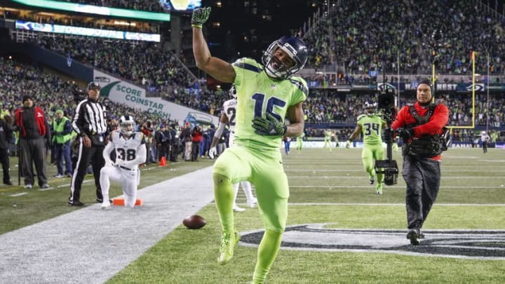 Dec 15, 2016; Seattle, WA, USA; Seattle Seahawks wide receiver Tyler Lockett (16) celebrates after catching a touchdown pass against the Los Angeles Rams during the fourth quarter at CenturyLink Field. Mandatory Credit: Joe Nicholson-USA TODAY Sports