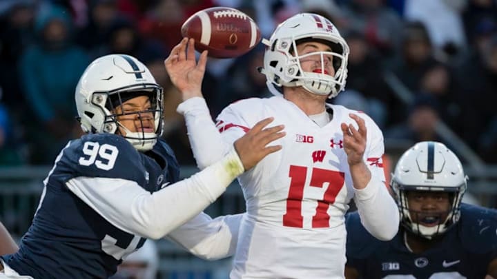 STATE COLLEGE, PA - NOVEMBER 10: Yetur Gross-Matos #99 of the Penn State Nittany Lions hits the arm of Jack Coan #17 of the Wisconsin Badgers as he throws during the second half at Beaver Stadium on November 10, 2018 in State College, Pennsylvania. (Photo by Scott Taetsch/Getty Images)