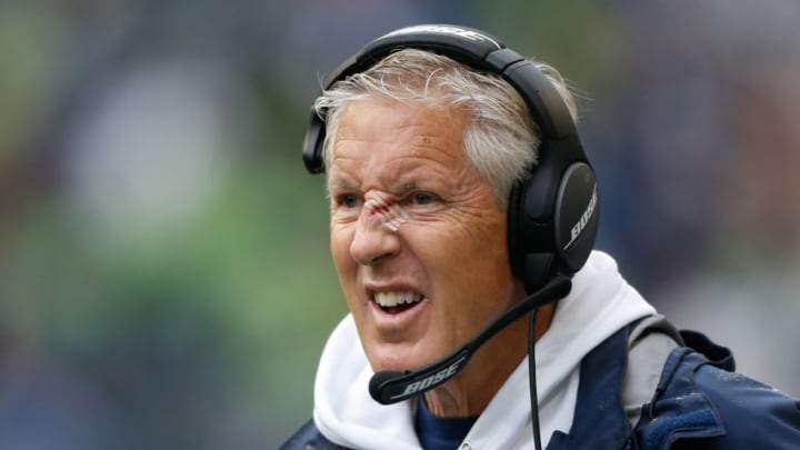 SEATTLE, WA - SEPTEMBER 22: Head coach Pete Carroll of the Seattle Seahawks looks on against the New Orleans Saints at CenturyLink Field on September 22, 2019 in Seattle, Washington. Carroll's nose was injured prior to the start of the game. (Photo by Otto Greule Jr/Getty Images)