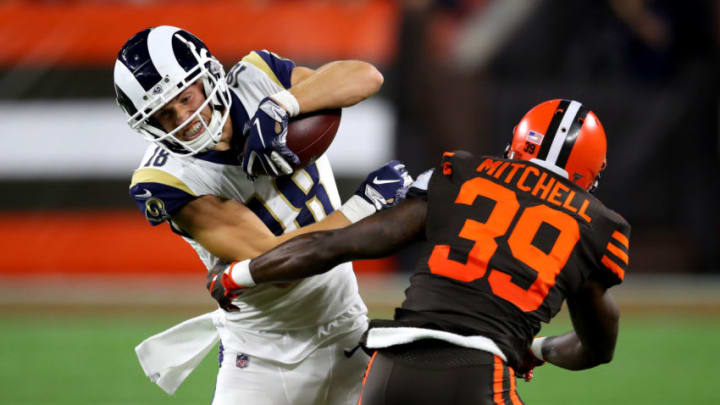 CLEVELAND, OHIO - SEPTEMBER 22: Cooper Kupp #18 of the Los Angeles Rams tries to get past cornerback Terrance Mitchell #39 of the Cleveland Browns during the second quarter of the game at FirstEnergy Stadium on September 22, 2019 in Cleveland, Ohio. (Photo by Gregory Shamus/Getty Images)