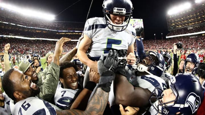 SANTA CLARA, CALIFORNIA - NOVEMBER 11: Kicker Jason Myers #5 of the Seattle Seahawks is carried off the field after making the winning 42 yard field goal in overtime to win 27-24 over the San Francisco 49ers at Levi's Stadium on November 11, 2019 in Santa Clara, California. (Photo by Ezra Shaw/Getty Images)