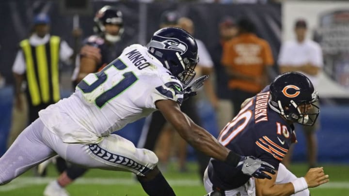 CHICAGO, IL - SEPTEMBER 17: Barkevious Mingo#51 of the Seattle Seahawks chases down Mitchell Trubisky #10 of the Chicago Bears at Soldier Field on September 17, 2018 in Chicago, Illinois. The Bears defeated the Seahawks 24-17. (Photo by Jonathan Daniel/Getty Images)