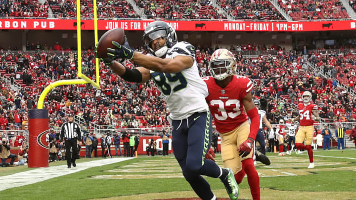 SANTA CLARA, CA - DECEMBER 16: Doug Baldwin #89 of the Seattle Seahawks catches a touchdown against the San Francisco 49ers during their NFL game at Levi's Stadium on December 16, 2018 in Santa Clara, California. (Photo by Ezra Shaw/Getty Images)