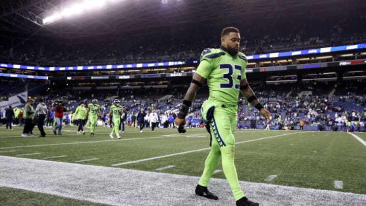 SEATTLE, WASHINGTON - OCTOBER 07: Jamal Adams #33 of the Seattle Seahawks walks off the field after losing to the Los Angeles Rams 26-17 at Lumen Field on October 07, 2021 in Seattle, Washington. (Photo by Steph Chambers/Getty Images)