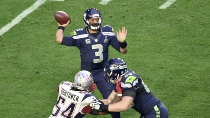 GLENDALE, AZ – FEBRUARY 01 : Russell Wilson #3 of the Seattle Seahawks drops back to pass against the New England Patriots during Super Bowl XLIX February 1, 2015 at the University of Phoenix Stadium in Glendale, Arizona. The Patriots won the game 28-24. (Photo by Focus on Sport/Getty Images)
