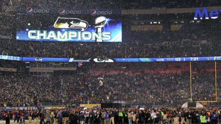 EAST RUTHERFORD, NJ - FEBRUARY 02: The scoreboard shows the Seattle Seahawks as Super Bowl Champions after they defeated the Denver Broncos in Super Bowl XLVIII on February 2, 2014 at MetLife Stadium in East Rutherford, New Jersey. The Seahawks won the game 43-8. (Photo by Focus on Sport/Getty Images)