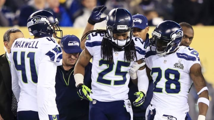 EAST RUTHERFORD, NJ - FEBRUARY 02: cornerback Richard Sherman (Photo by Jamie Squire/Getty Images)