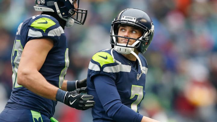 SEATTLE, WA - NOVEMBER 05: Kicker Blair Walsh #7 of the Seattle Seahawks reacts after missing his third field goal of the first half against the Washington Redskins at CenturyLink Field on November 5, 2017 in Seattle, Washington. (Photo by Otto Greule Jr/Getty Images)