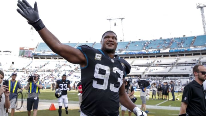 JACKSONVILLE, FL - DECEMBER 2: Defensive End Calais Campbell #93 of the Jacksonville Jaguars waves to the crowd after the game against the Indianapolis Colts at TIAA Bank Field on December 2, 2018 in Jacksonville, Florida. The Jaguars defeated the Colts 6 to 0. (Photo by Don Juan Moore/Getty Images)