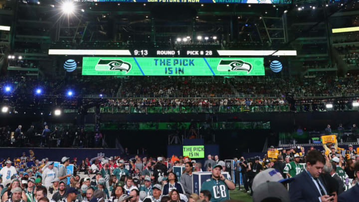 ARLINGTON, TX - APRIL 26: A video board displays the text "THE PICK IS IN" for the Seattle Seahawks during the first round of the 2018 NFL Draft at AT&T Stadium on April 26, 2018 in Arlington, Texas. (Photo by Tom Pennington/Getty Images)