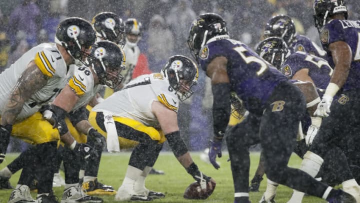 BALTIMORE, MD - DECEMBER 29: B.J. Finney #67 of the Pittsburgh Steelers prepares to snap the ball against the Baltimore Ravens during the second half at M&T Bank Stadium on December 29, 2019 in Baltimore, Maryland. (Photo by Scott Taetsch/Getty Images)