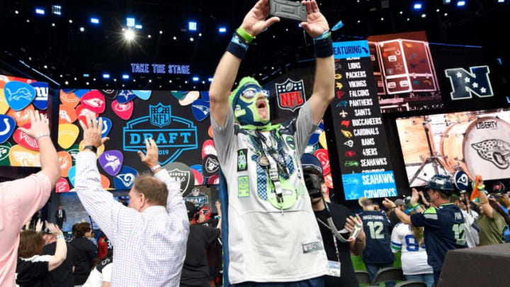 Seahawks fan Harold Cunningham of Springfield, Mo., takes a selfie before the start of the first round of the NFL Draft Thursday, April 25, 2019 in Nashville, Tenn.Gw40765
