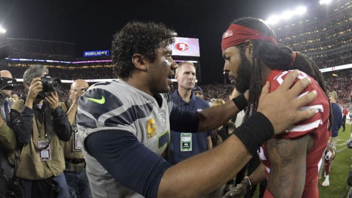 Nov 11, 2019; Santa Clara, CA, USA; Seattle Seahawks quarterback Russell Wilson (3) and San Francisco 49ers cornerback Richard Sherman (25) talk after the game at Levi's Stadium. The Seahaawks defeated the 49ers 27-24. Mandatory Credit: Kirby Lee-USA TODAY Sports
