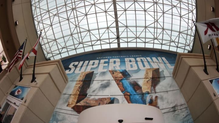 Jan 31, 2021; Tampa, Florida, USA; A general view of signage for Super Bowl LV at downtown Marriott Hotel. Mandatory Credit: Kim Klement-USA TODAY Sports