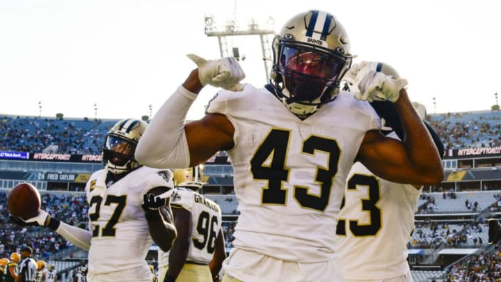 Sep 12, 2021; Jacksonville, Florida, USA; New Orleans Saints safety Marcus Williams (43) poses fora photo after a second half interception of Green Bay Packers quarterback Aaron Rodgers (12) at TIAA Bank Field. Mandatory Credit: Tommy Gilligan-USA TODAY Sports