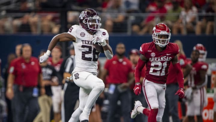 Sep 25, 2021; Arlington, Texas, USA; Texas A&M Aggies running back Isaiah Spiller (28) in action during the game between the Arkansas Razorbacks and the Texas A&M Aggies at AT&T Stadium. Mandatory Credit: Jerome Miron-USA TODAY Sports