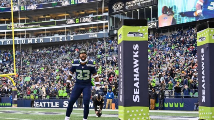 Nov 21, 2021; Seattle, Washington, USA; Seattle Seahawks safety Jamal Adams (33) pumps up the crowd prior to the game against the Arizona Cardinals at Lumen Field. Arizona defeated Seattle 23-13. Mandatory Credit: Steven Bisig-USA TODAY Sports