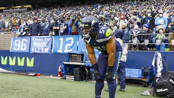 Jan 2, 2022; Seattle, Washington, USA; Seattle Seahawks middle linebacker Bobby Wagner (54) stands on the sideline following an injury during the first quarter against the Detroit Lions at Lumen Field. Mandatory Credit: Joe Nicholson-USA TODAY Sports