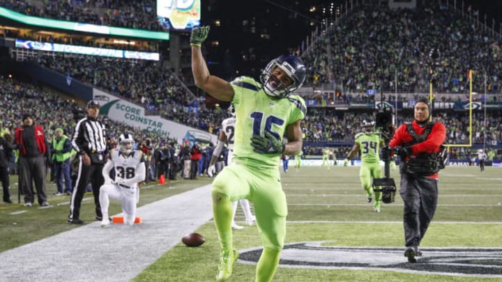 Dec 15, 2016; Seattle, WA, USA; Seattle Seahawks wide receiver Tyler Lockett (16) celebrates after catching a touchdown pass against the Los Angeles Rams during the fourth quarter at CenturyLink Field. Mandatory Credit: Joe Nicholson-USA TODAY Sports