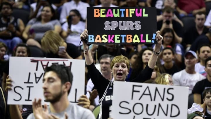 Jun 15, 2014; San Antonio, TX, USA; Fans hold up signs before game five of the 2014 NBA Finals between the San Antonio Spurs and the Miami Heat at AT&T Center. Mandatory Credit: Bob Donnan-USA TODAY Sports Jun 15, 2014; San Antonio, TX, USA; Fans hold up signs before game five of the 2014 NBA Finals between the San Antonio Spurs and the Miami Heat at AT&T Center. Mandatory Credit: Bob Donnan-USA TODAY Sports