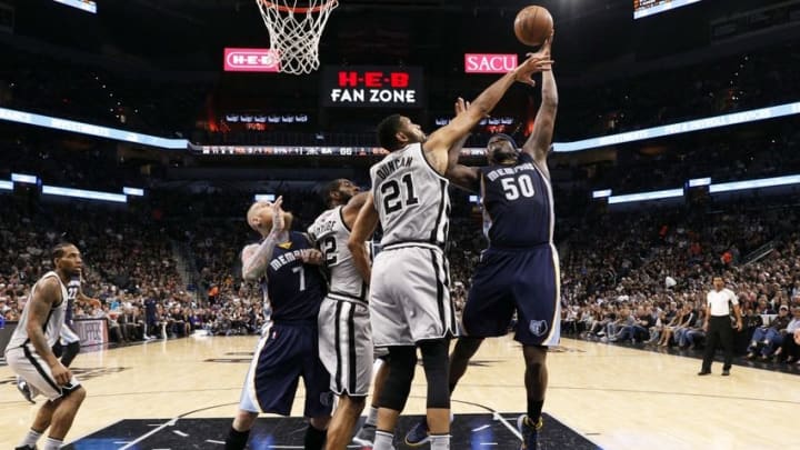 Apr 17, 2016; San Antonio, TX, USA; Memphis Grizzlies power forward Zach Randolph (50) shoots the ball over San Antonio Spurs power forward Tim Duncan (21) during the second half in game one of the first round of the NBA Playoffs at AT&T Center. Mandatory Credit: Soobum Im-USA TODAY Sports