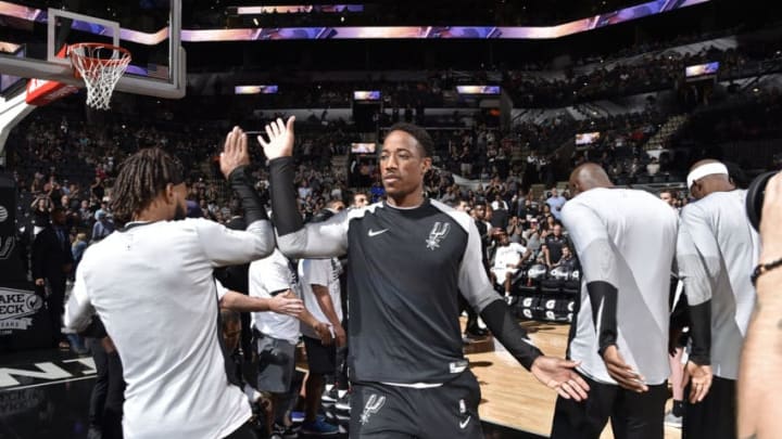 SAN ANTONIO, TX - SEPTEMBER 30: DeMar DeRozan #10 of the San Antonio Spurs is introduced against the Miami Heat during a pre-season game on September 30, 2018 at the AT&T Center in San Antonio, Texas. NOTE TO USER: User expressly acknowledges and agrees that, by downloading and/or using this Photograph, user is consenting to the terms and conditions of the Getty Images License Agreement. Mandatory Copyright Notice: Copyright 2018 NBAE (Photo by Bill Baptist/NBAE via Getty Images)
