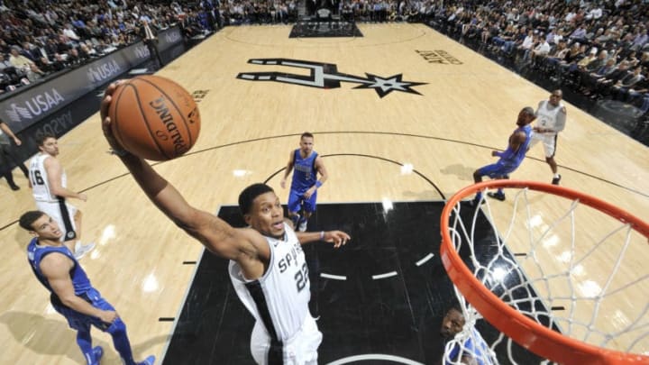 SAN ANTONIO, TX - OCTOBER 29: Rudy Gay #22 of the San Antonio Spurs dunks the ball against the Dallas Mavericks on October 29, 2018 at the AT&T Center in San Antonio, Texas. NOTE TO USER: User expressly acknowledges and agrees that, by downloading and or using this photograph, user is consenting to the terms and conditions of the Getty Images License Agreement. Mandatory Copyright Notice: Copyright 2018 NBAE (Photos by Mark Sobhani/NBAE via Getty Images)