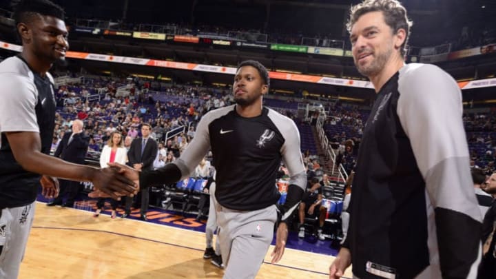 PHOENIX, AZ - OCTOBER 31: Rudy Gay #22 of the San Antonio Spurs is introduced prior to game against the Phoenix Suns on October 31, 2018 at Talking Stick Resort Arena in Phoenix, Arizona. NOTE TO USER: User expressly acknowledges and agrees that, by downloading and/or using this Photograph, user is consenting to the terms and conditions of the Getty Images License Agreement. Mandatory Copyright Notice: Copyright 2018 NBAE (Photo by Barry Gossage/NBAE via Getty Images)