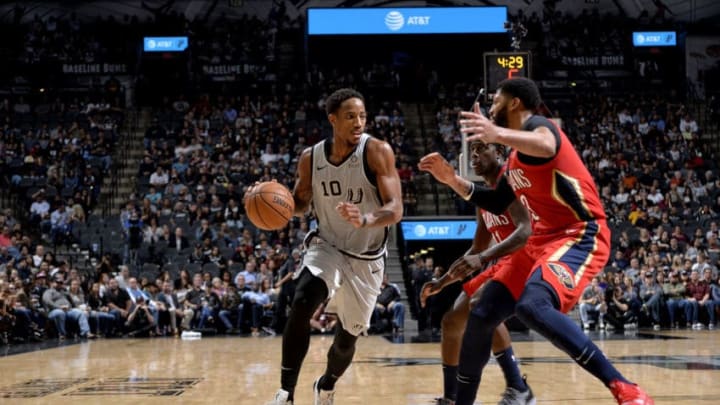 SAN ANTONIO, TX - NOVEMBER 3: DeMar DeRozan #10 of the San Antonio Spurs handles the ball against the New Orleans Pelicans on November 3, 2018 at the AT&T Center in San Antonio, Texas. NOTE TO USER: User expressly acknowledges and agrees that, by downloading and or using this photograph, user is consenting to the terms and conditions of the Getty Images License Agreement. Mandatory Copyright Notice: Copyright 2018 NBAE (Photos by Mark Sobhani/NBAE via Getty Images) SAN ANTONIO, TX - NOVEMBER 3: DeMar DeRozan #10 of the San Antonio Spurs handles the ball against the New Orleans Pelicans on November 3, 2018 at the AT&T Center in San Antonio, Texas. NOTE TO USER: User expressly acknowledges and agrees that, by downloading and or using this photograph, user is consenting to the terms and conditions of the Getty Images License Agreement. Mandatory Copyright Notice: Copyright 2018 NBAE (Photos by Mark Sobhani/NBAE via Getty Images)
