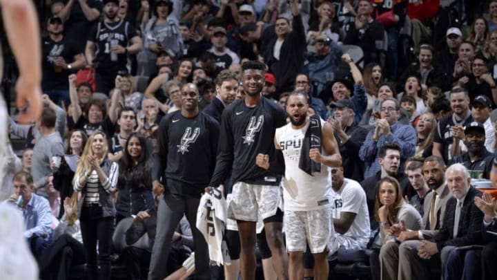 SAN ANTONIO, TX - DECEMBER 26: The San Antonio Spurs bench reacts to a play during the game against the Denver Nuggets on December 26, 2018 at the AT&T Center in San Antonio, Texas. NOTE TO USER: User expressly acknowledges and agrees that, by downloading and/or using this photograph, user is consenting to the terms and conditions of the Getty Images License Agreement. Mandatory Copyright Notice: Copyright 2018 NBAE (Photo by Mark Sobhani/NBAE via Getty Images)