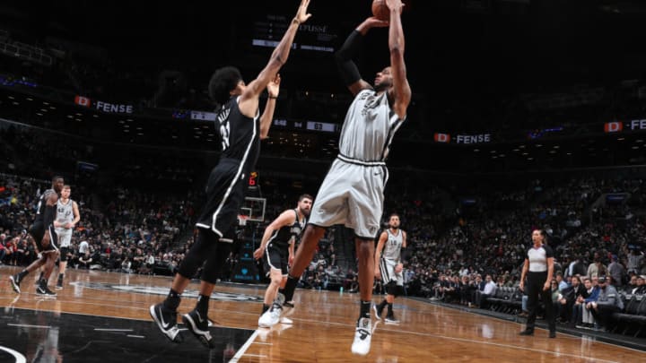 BROOKLYN, NY - FEBRUARY 25: LaMarcus Aldridge #12 of the San Antonio Spurs shoots the ball against the Brooklyn Nets on February 25, 2019 at Barclays Center in Brooklyn, New York. NOTE TO USER: User expressly acknowledges and agrees that, by downloading and or using this Photograph, user is consenting to the terms and conditions of the Getty Images License Agreement. Mandatory Copyright Notice: Copyright 2019 NBAE (Photo by Nathaniel S. Butler/NBAE via Getty Images)