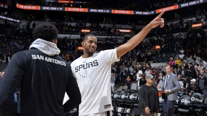 SAN ANTONIO, TX - MARCH 15: LaMarcus Aldridge #12 of the San Antonio Spurs smiles after a game against the New York Knicks on March 15, 2019 at the AT&T Center in San Antonio, Texas. NOTE TO USER: User expressly acknowledges and agrees that, by downloading and or using this photograph, user is consenting to the terms and conditions of the Getty Images License Agreement. Mandatory Copyright Notice: Copyright 2019 NBAE (Photos by Mark Sobhani/NBAE via Getty Images)