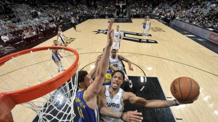 SAN ANTONIO, TX - MARCH 18: DeMar DeRozan #10 of the San Antonio Spurs shoots the ball during the game against the Golden State Warriors on March 18, 2019 at the AT&T Center in San Antonio, Texas. NOTE TO USER: User expressly acknowledges and agrees that, by downloading and or using this photograph, user is consenting to the terms and conditions of the Getty Images License Agreement. Mandatory Copyright Notice: Copyright 2019 NBAE (Photos by Mark Sobhani/NBAE via Getty Images)