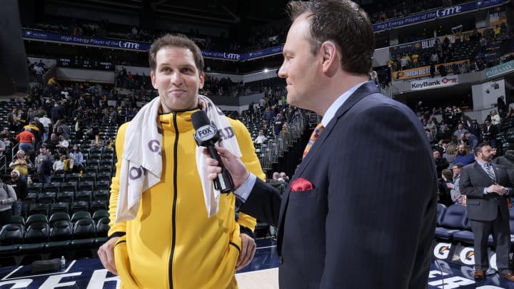 INDIANAPOLIS, IN – MARCH 24: Bojan Bogdanovic #44 of the Indiana Pacers is interviewed after a game against the Denver Nuggets (Photo by Ron Hoskins/NBAE via Getty Images)