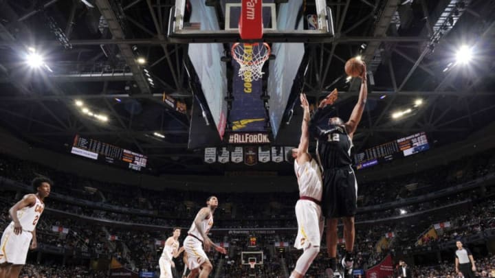 CLEVELAND, OH - APRIL 7: LaMarcus Aldridge #12 of the San Antonio Spurs shoots the ball against the Cleveland Cavaliers on April 7, 2019 at Quicken Loans Arena in Cleveland, Ohio. NOTE TO USER: User expressly acknowledges and agrees that, by downloading and/or using this Photograph, user is consenting to the terms and conditions of the Getty Images License Agreement. Mandatory Copyright Notice: Copyright 2019 NBAE (Photo by David Liam Kyle/NBAE via Getty Images)