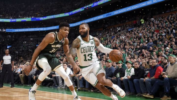 BOSTON, MA - MAY 3: Marcus Morris #13 of the Boston Celtics handles the ball against the Milwaukee Bucks during Game Three of the Eastern Conference Semifinals of the 2019 NBA Playoffs on May 3, 2019 at the TD Garden in Boston, Massachusetts. NOTE TO USER: User expressly acknowledges and agrees that, by downloading and/or using this photograph, user is consenting to the terms and conditions of the Getty Images License Agreement. Mandatory Copyright Notice: Copyright 2019 NBAE (Photo by Brian Babineau/NBAE via Getty Images)
