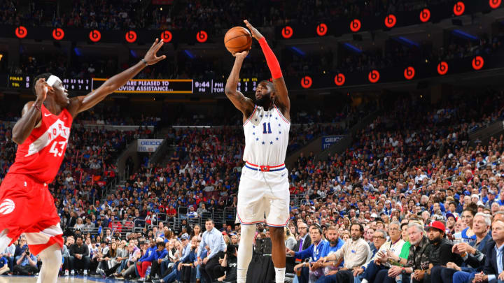 PHILADELPHIA, PA – MAY 9: James Ennis III #11 of the Philadelphia 76ers shoots a three-pointer against the Toronto Raptors during Game Six of the Eastern Conference Semifinals on May 9, 2019 at the Wells Fargo Center in Philadelphia, Pennsylvania. (Photo by Jesse D. Garrabrant/NBAE via Getty Images)