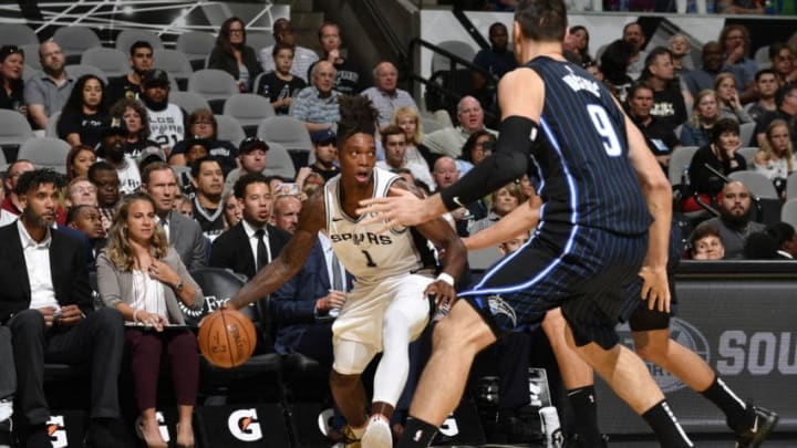 SAN ANTONIO, TX - OCTOBER 5: Lonnie Walker IV #1 of the San Antonio Spurs handles the ball against the Orlando Magic during the preseason on October 5, 2019 at the AT&T Center in San Antonio, Texas. NOTE TO USER: User expressly acknowledges and agrees that, by downloading and or using this photograph, user is consenting to the terms and conditions of the Getty Images License Agreement. Mandatory Copyright Notice: Copyright 2019 NBAE (Photos by Logan Riely/NBAE via Getty Images)