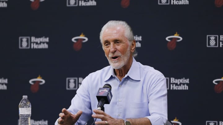 MIAMI, FLORIDA – SEPTEMBER 27: President Pat Riley of the Miami Heat addresses the media at American Airlines Arena on September 27, 2019 in Miami, Florida (Photo by Michael Reaves/Getty Images)