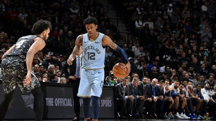 Ja Morant of the Memphis Grizzlies handles the ball against the San Antonio Spurs.(Photos by Logan Riely/NBAE via Getty Images)