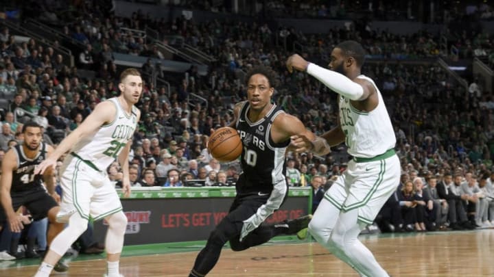 BOSTON, MA - JANUARY 8: DeMar DeRozan #10 of the San Antonio Spurs handles the ball against the Boston Celtics on January 8, 2020 at the TD Garden in Boston, Massachusetts. NOTE TO USER: User expressly acknowledges and agrees that, by downloading and or using this photograph, User is consenting to the terms and conditions of the Getty Images License Agreement. Mandatory Copyright Notice: Copyright 2020 NBAE (Photo by Brian Babineau/NBAE via Getty Images)