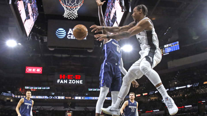 SAN ANTONIO, TX – MARCH 10: DeMar DeRozan #10 of the San Antonio Spurs looks to pass off during first half action at AT&T Center on March 10, 2020. (Photo by Ronald Cortes/Getty Images)
