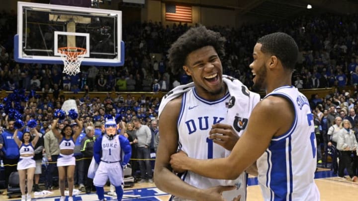 DURHAM, NORTH CAROLINA - MARCH 07: Vernon Carey Jr. #1 and Cassius Stanley #2 of the Duke Blue Devils celebrate after their win against the North Carolina Tar Heels and at Cameron Indoor Stadium on March 07, 2020 in Durham, North Carolina. Duke won 89-76. (Photo by Grant Halverson/Getty Images)